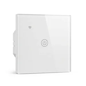 1 Gang WiFi Touch Smart Switch with tempered glass touch panel, WiFi app control, Alexa and Google Assistant voice control, white smart wall switch.