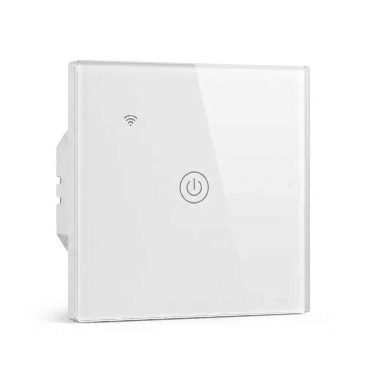 1 Gang WiFi Touch Smart Switch with tempered glass touch panel, WiFi app control, Alexa and Google Assistant voice control, white smart wall switch.