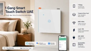 1 Gang Smart Touch Switch UAE with Tuya WiFi, tempered glass panel, Smart Life app, Alexa and Google Assistant compatible.