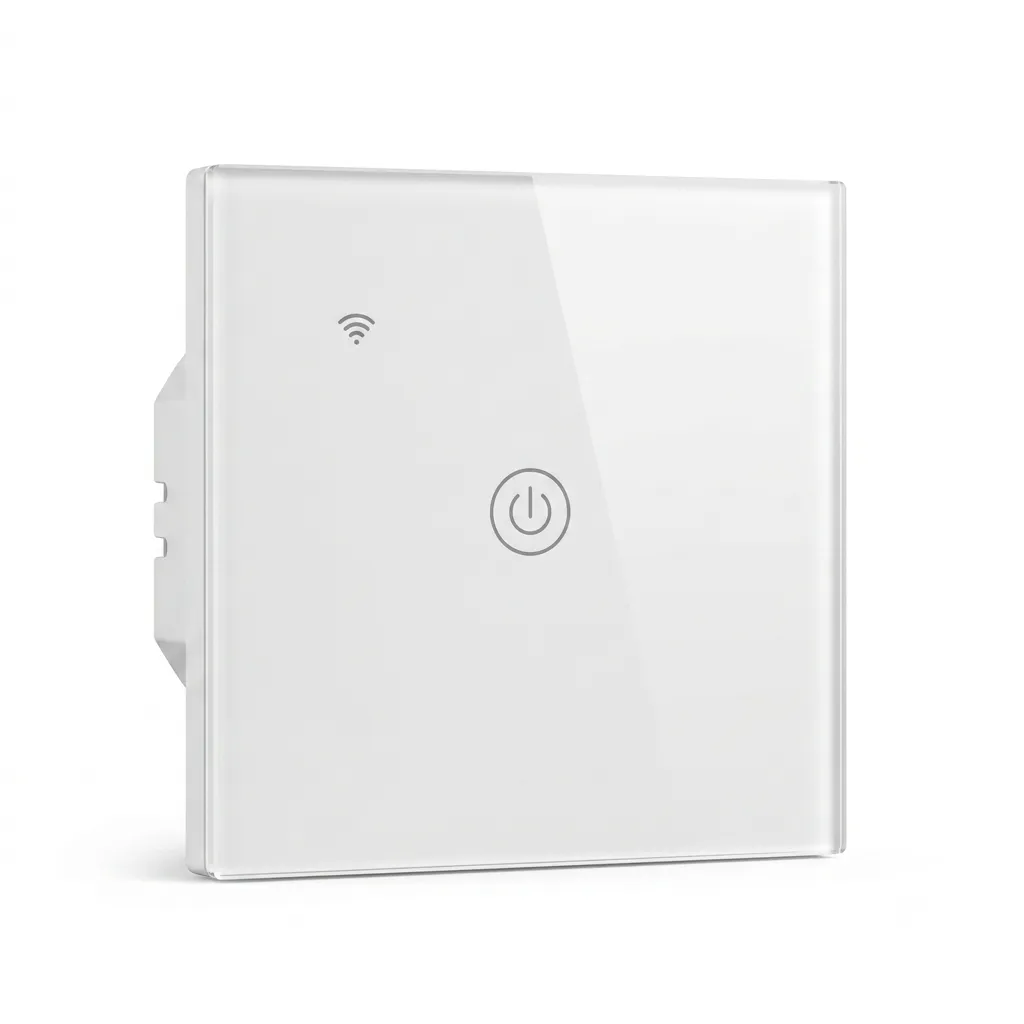 1-gang-wifi-touch-smart-switch-glass-panel-app-voice-control-white.webp 1 Gang WiFi Touch Smart Switch with tempered glass touch panel, WiFi app control, Alexa and Google Assistant voice control, white smart wall switch.