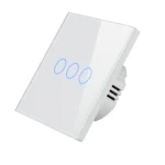 3 Gang WiFi touch smart switch with tempered glass panel, white wall light switch supporting Smart Life app, Alexa and Google Assistant voice control for smart home automation.