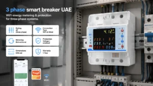 Manage your 3-phase property with the 3 phase smart breaker UAE. This 4-pole WiFi breaker provides real-time energy metering for all three phases, automatic voltage protection, load balancing, and remote control via Tuya and Smart Life, ideal for large villas, commercial spaces, and solar installations.