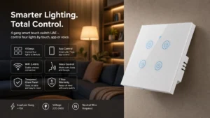 4 Gang Smart Touch Switch UAE with WiFi, tempered glass panel, Tuya Smart Life app control, Alexa and Google Assistant voice control.