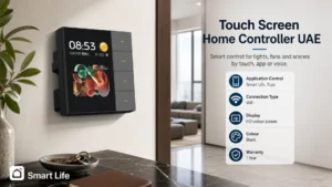 Black touch screen home controller with Smart Life Tuya app support for smart lighting, fan control, scenes, and WiFi home automation in the UAE.