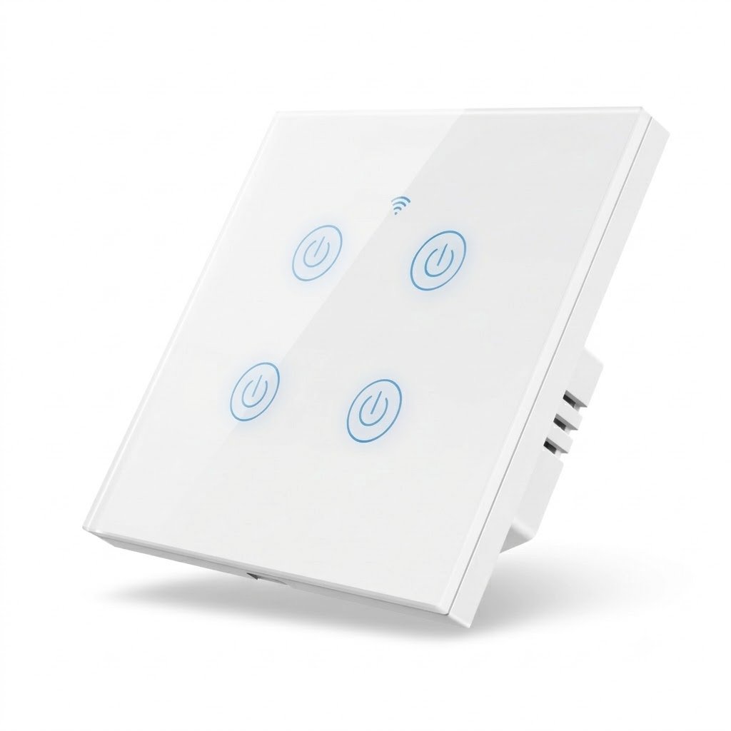 4 Gang WiFi Smart Touch Light Switch – Glass Panel, White 4 Gang WiFi Smart Touch Light Switch with tempered glass panel in white for smart home lighting control in Dubai, UAE