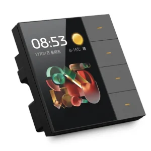 4 gang WiFi smart touch switch panel with LCD display, glass touchscreen, smart home automation wall switch, compatible with Tuya Smart, Alexa and Google Assistant.