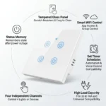 4 Gang WiFi Touch Smart Switch with white tempered glass panel, app control, voice control, and smart home automation.