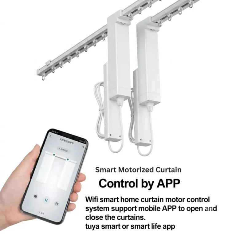 Automatic Curtain Motor with WiFi app and voice control for motorised curtains, compatible with Tuya Smart Life, Alexa and Google Assistant.