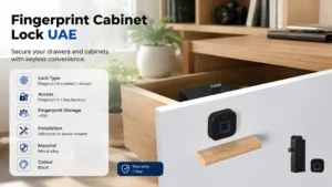 Fingerprint cabinet lock installed on a wooden drawer, featuring biometric fingerprint access, key backup, and secure keyless locking for cabinets and drawers in the UAE.