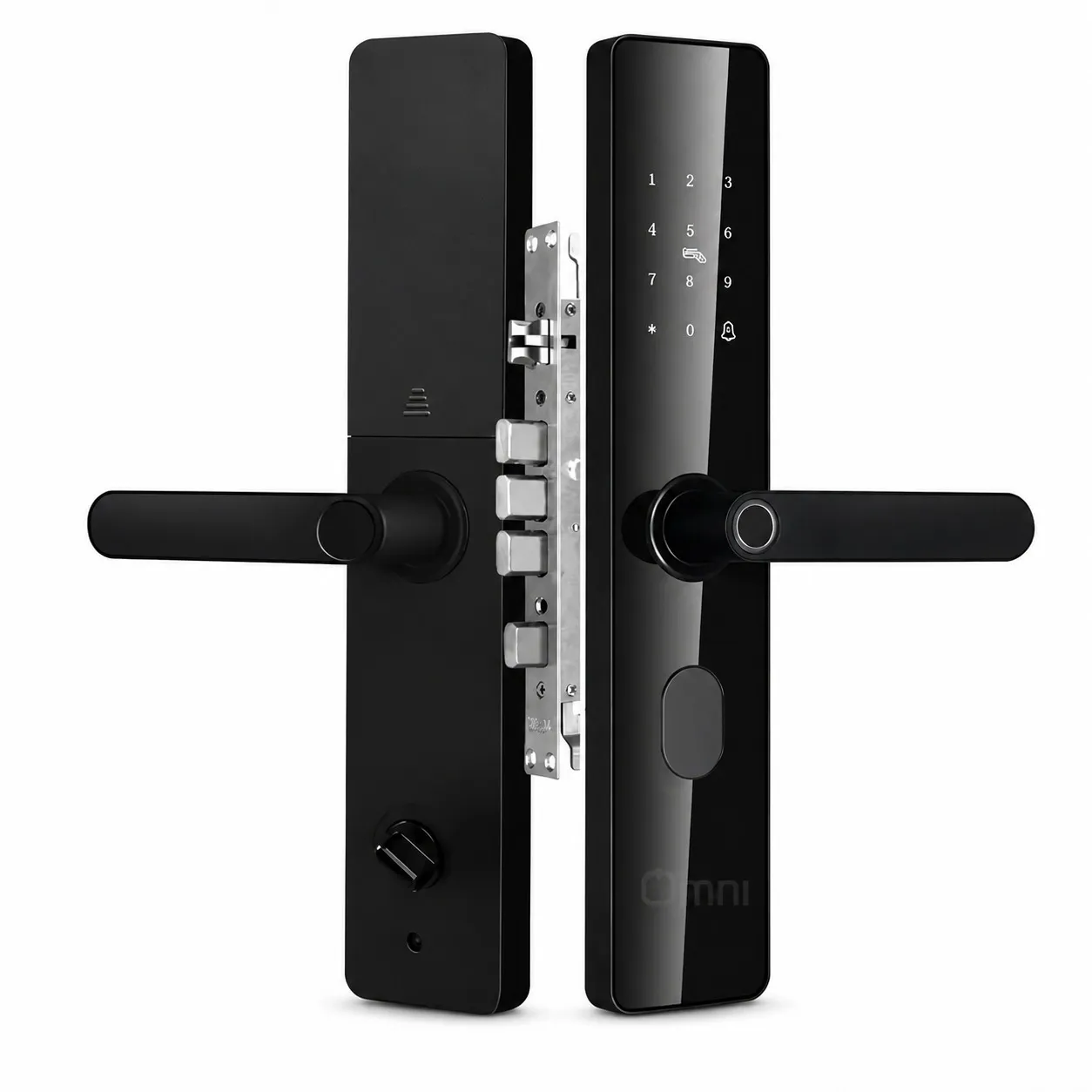 fingerprint-door-lock-keyless-entry-app-nfc-mty24-black Fingerprint Door Lock MTY24 with key, keyless entry, Tuya app control, NFC card, keypad, and biometric fingerprint access for home and office security.