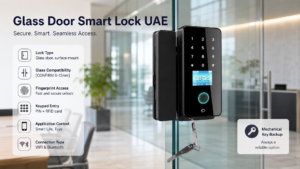 Glass door smart lock for UAE with fingerprint scanner, PIN keypad, RFID card, WiFi and Bluetooth connectivity, Tuya Smart Life app control, and mechanical key backup.