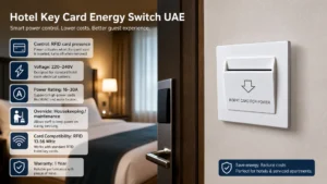 FID hotel key card energy-saving switch installed on a wall in a Dubai hotel room, featuring 16-30A power rating.