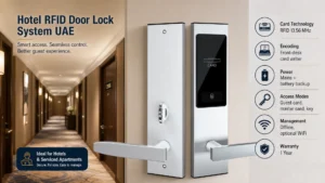 The hotel RFID door lock system UAE combines card-based access with centralized front-desk management. Guests receive RFID key cards at check-in; hotel staff encode access via the desktop application and manage all entries in real-time. The system integrates with hotel property management systems (PMS) for seamless automation across Dubai, Abu Dhabi, and regional properties.