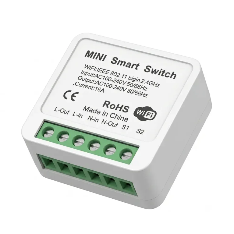 Mini Smart Switch Module with hidden WiFi relay, 16A smart home automation controller for remote light, fan, and appliance control using a mobile app.