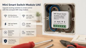 Mini Smart Switch Module with WiFi relay installed inside a wall switch box, featuring 16A load capacity, 2.4GHz WiFi connectivity, neutral wire support, and two-way switch control for smart home automation in the UAE.