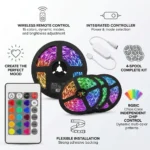 RGBIC LED strip lights 4-spool complete kit featuring wireless remote control, integrated controller, 16 colors, dynamic lighting modes, and flexible adhesive installation.