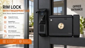 The rim lock with fingerprint UAE is a surface-mount electronic gate lock that transforms your villa or townhouse main entrance with biometric security. Fingerprint, PIN, RFID card, and mobile app unlock modes, combined with double-sided mechanical keys, make this the preferred choice for UAE homeowners seeking maximum security and convenience. Official Tuya and Smart Life partner, sold and supported by Omni Smart Mena Region with 1 Year Warranty.