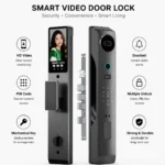 Smart Video Door Lock (Model SFS-25) showing both indoor and outdoor sleek black panels