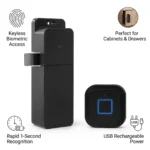 Black smart biometric cabinet and drawer lock with USB rechargeable fingerprint reader for keyless access, 1-second fingerprint recognition, and secure furniture locking.