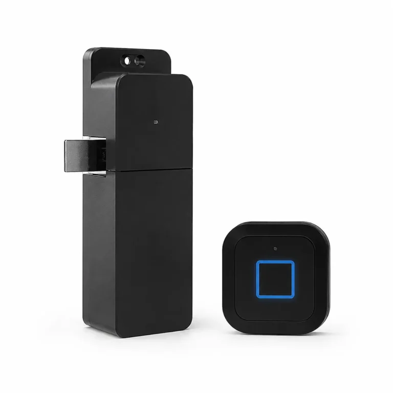 Smart cabinet lock with fingerprint access for drawers and cabinets, keyless electronic lock in black finish for home, office, and retail use in Dubai, UAE.