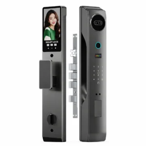 Modern electronic smart door lock featuring a built-in HD video screen display, biometric fingerprint scanner, and digital keypad entry system.