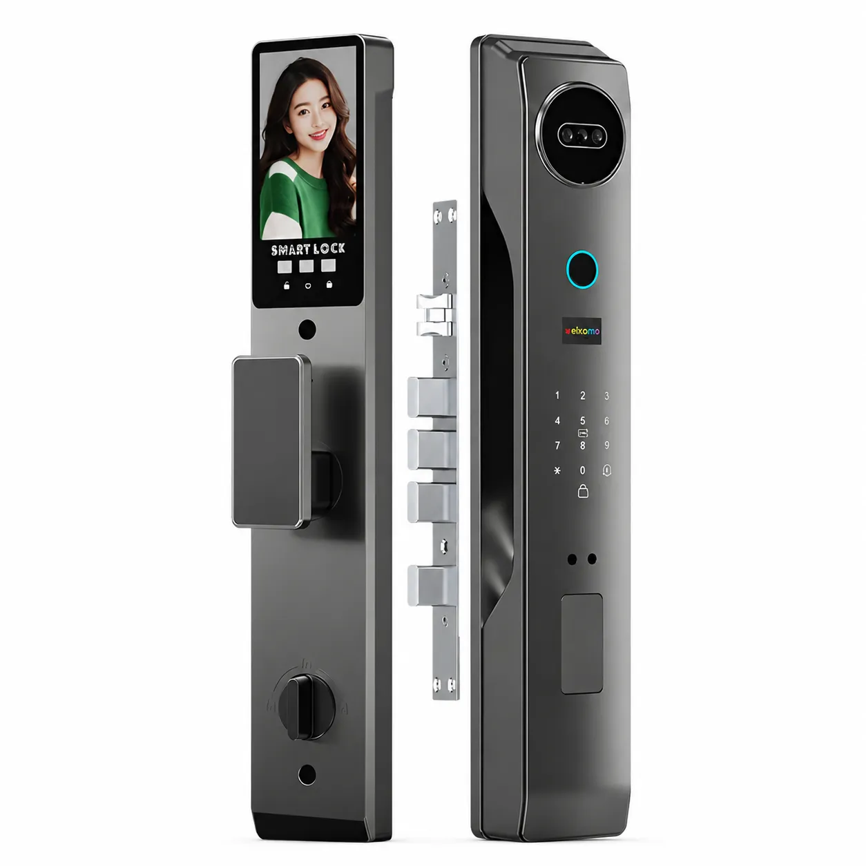 smart-door-lock-facial-recognition-video-screen Modern electronic smart door lock featuring a built-in HD video screen display, biometric fingerprint scanner, and digital keypad entry system.