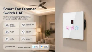 Control ceiling fan speed (5 levels) and light brightness (0-100%) independently from one 2-in-1 smart switch. A smart fan dimmer switch UAE uses WiFi and voice commands to automate comfort and energy savings during hot UAE summers, perfect for bedrooms and living rooms.
