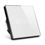Smart Fan Dimmer Switch with white tempered glass touch panel, WiFi connectivity, voice control, adjustable fan speed, and smart home automation for ceiling fans and lights.