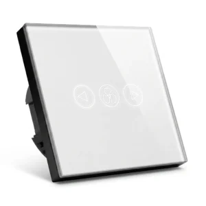 Smart Fan Dimmer Switch with white tempered glass touch panel, WiFi connectivity, voice control, adjustable fan speed, and smart home automation for ceiling fans and lights.