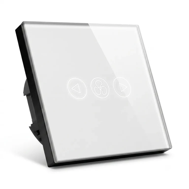 Smart Fan Dimmer Switch with white tempered glass touch panel, WiFi connectivity, voice control, adjustable fan speed, and smart home automation for ceiling fans and lights.