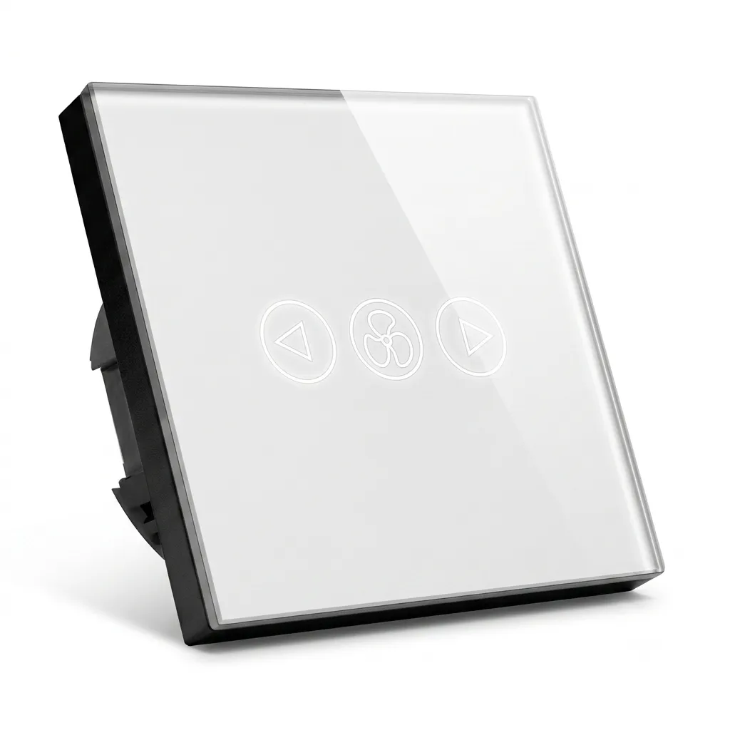 smart-fan-dimmer-switch-wifi-touch-glass-voice-control-white Smart Fan Dimmer Switch with white tempered glass touch panel, WiFi connectivity, voice control, adjustable fan speed, and smart home automation for ceiling fans and lights.