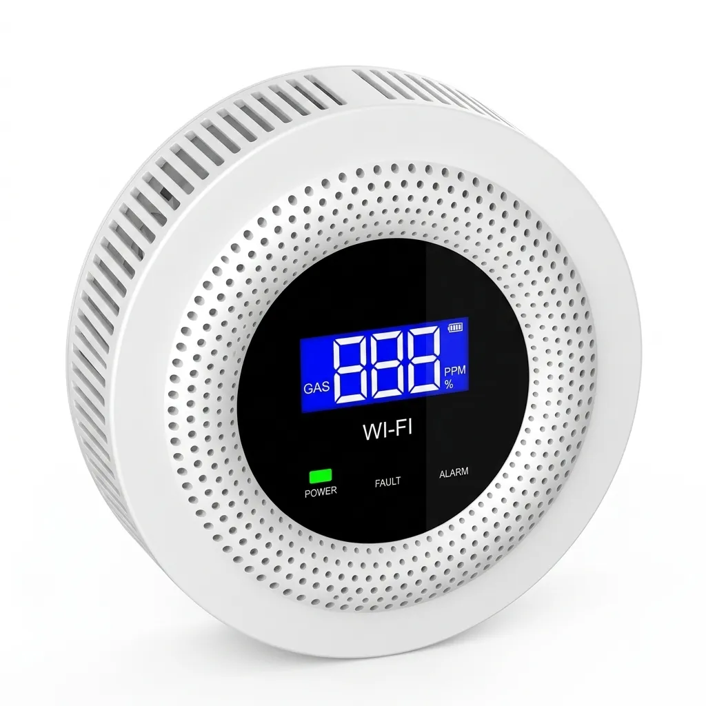smart-gas-leak-sensor-wifi-lpg-natural-gas-detector Smart Gas Leak Sensor with WiFi, LCD display, LPG and natural gas detector for home safety, Tuya Smart app, voice alerts and real-time notifications.