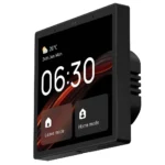 Black smart home automation wall touchscreen control panel with Android interface for lighting, climate, security, smart scenes, and home automation control.