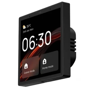 Black smart home automation wall touchscreen control panel with Android interface for lighting, climate, security, smart scenes, and home automation control.