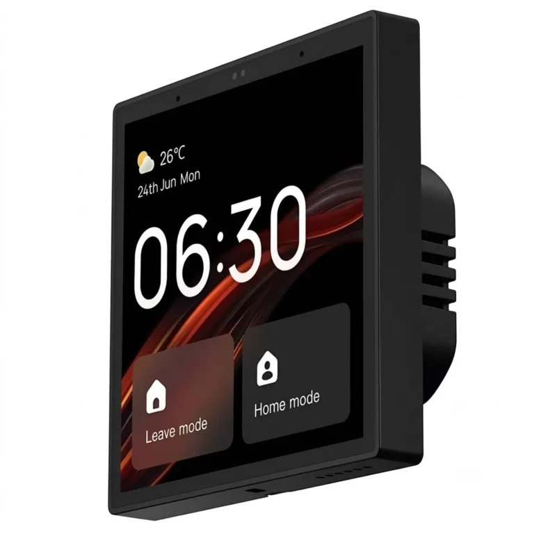 Black smart home automation wall touchscreen control panel with Android interface for lighting, climate, security, smart scenes, and home automation control.