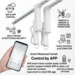 Smart motorized curtain track with WiFi curtain motor controlled by the Tuya Smart app using a smartphone for automated curtain opening and closing.
