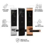 Smart RFID hotel door lock with key card access, mechanical key override, zinc alloy construction, ideal for hotels, offices and commercial buildings.