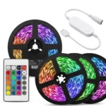 Smart RGB CCT LED strip light kit with app control, music sync controller, remote control, and multicolor LED light strips on reels.