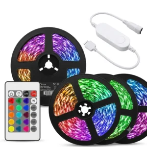Smart RGB CCT LED strip light kit with app control, music sync controller, remote control, and multicolor LED light strips on reels.