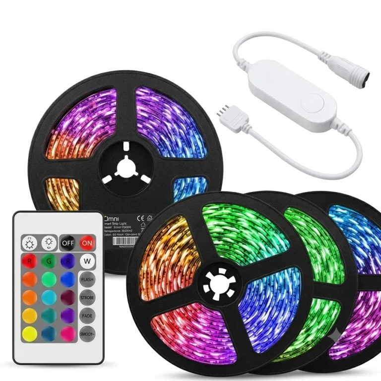 Smart RGB CCT LED strip light kit with app control, music sync controller, remote control, and multicolor LED light strips on reels.