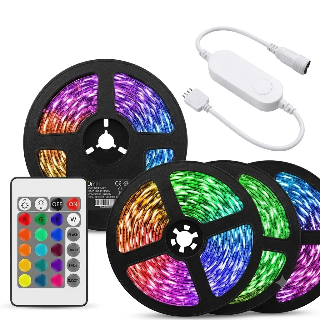 smart-rgb-cct-led-strip-light-app-music-sync-remote-controller.webp Smart RGB CCT LED strip light kit with app control, music sync controller, remote control, and multicolor LED light strips on reels.