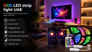 An RGB LED strip light UAE adds dynamic accent lighting to any space with 16 million colours, music sync, and WiFi control. Self-adhesive strips work anywhere: under cabinets, shelves, behind TVs, or architectural features. Voice control via Google Home and Alexa makes lighting changes effortless.