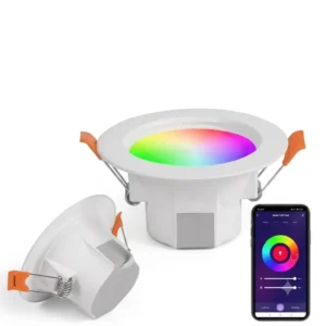 Smart RGB WiFi ceiling downlight with color-changing LED, tunable white light, Tuya app control, Alexa and Google Assistant voice control, music sync, and recessed installation.