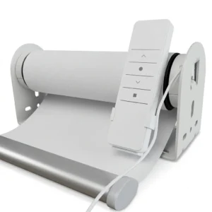 White smart roller blinds with motorised tubular motor and wall remote, supporting WiFi app control, voice assistants, scheduled automation, and remote operation for modern smart homes.