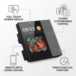 Smart 4-gang touch screen wall switch with full display, remote app control, scene control, timer scheduling, and customizable smart home automation for homes and offices in Dubai, UAE.