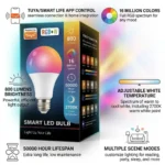 Smart WiFi RGB LED bulb with 16 million colours, Tuya Smart Life app control, music sync, voice assistant compatibility, RGB plus warm white lighting, 800 lumens brightness, adjustable white temperature, and multiple scene modes.
