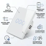 Smart WiFi 3-gang touch light switch in white glass panel with app control, Alexa and Google Home compatibility, timer scheduling, waterproof surface, and sensitive touch control for smart homes in Dubai, UAE.