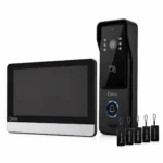 Upgrade your home security with the OMNI Smart VDP-27-TS Video Intercom Doorbell system. Featuring a sleek 7-inch indoor touch screen monitor, a durable outdoor doorbell camera with a built-in card reader, integrated night vision LEDs, a blue illuminated ring button, and five matching RFID key fobs for secure, keyless access control