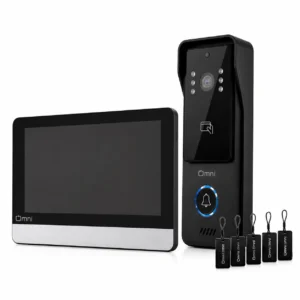 Upgrade your home security with the OMNI Smart VDP-27-TS Video Intercom Doorbell system. Featuring a sleek 7-inch indoor touch screen monitor, a durable outdoor doorbell camera with a built-in card reader, integrated night vision LEDs, a blue illuminated ring button, and five matching RFID key fobs for secure, keyless access control