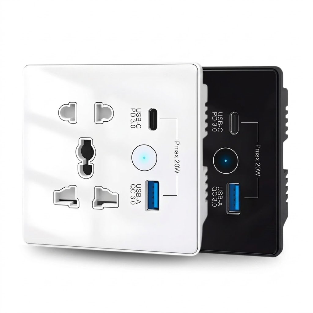 universal-power-socket-usb-c-pd20w-usb-a-qc30-wall-outlet-dubai-ua Universal wall power socket with USB-C PD 20W and USB-A QC 3.0 fast charging ports in white and black, suitable for homes, offices, hotels, and commercial buildings in Dubai, UAE.